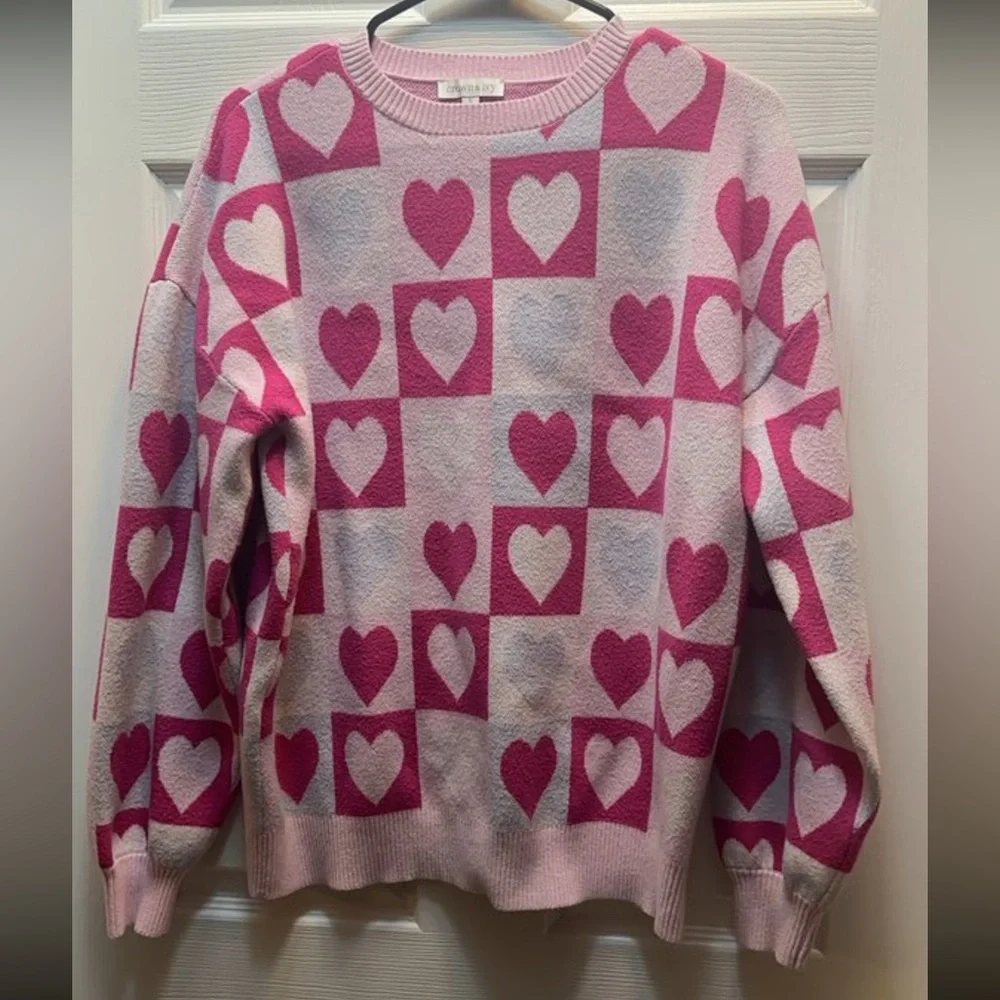 crown & ivy Pink and Hot Pink Heart-Check Crewneck Sweater